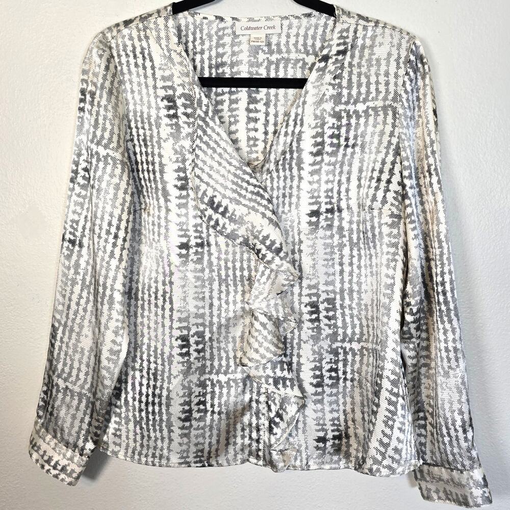 Coldwater Creek Satin Ruffle Shirt Women's M Cream Black Print Classic Career